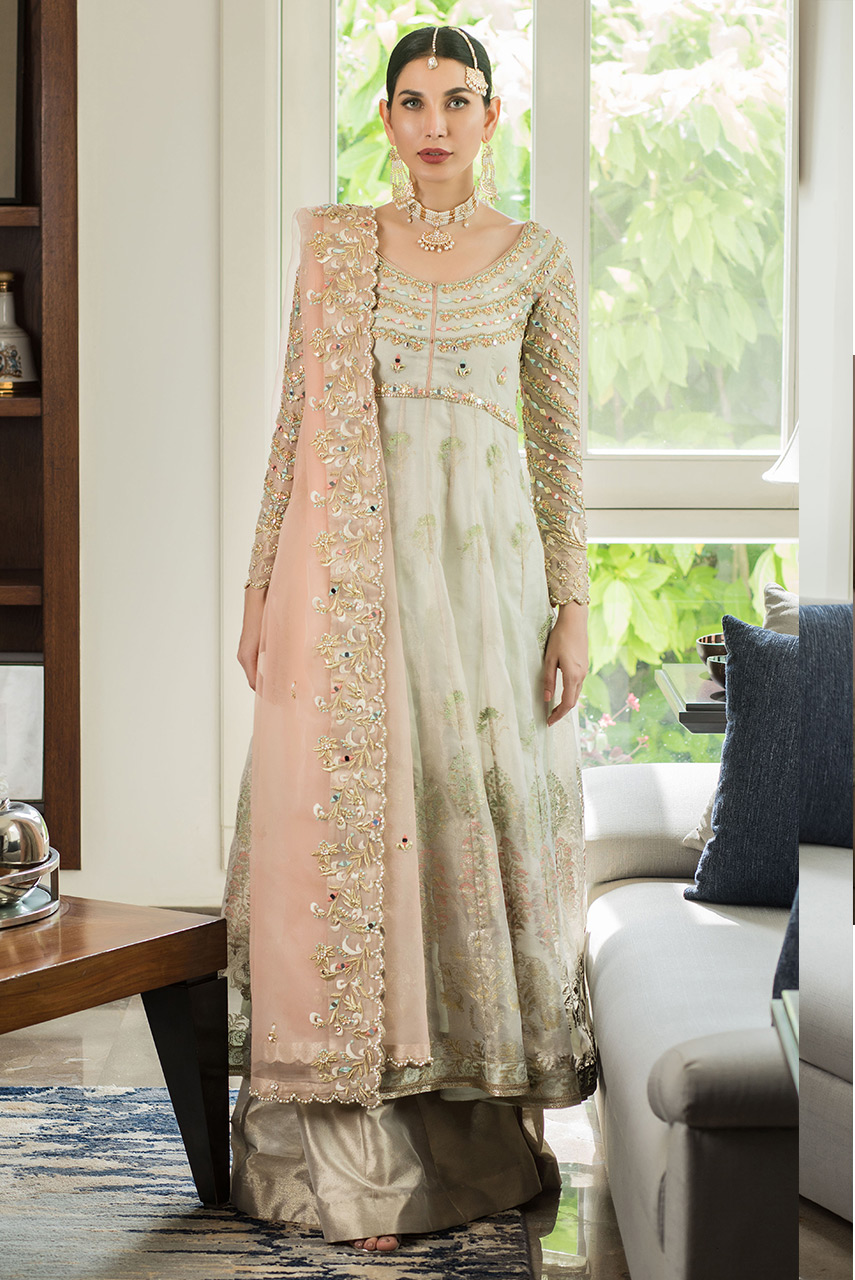 Pakistani Ivory Zardozi Mirror Work Maisori Anarkali (3-Piece) - Image 2