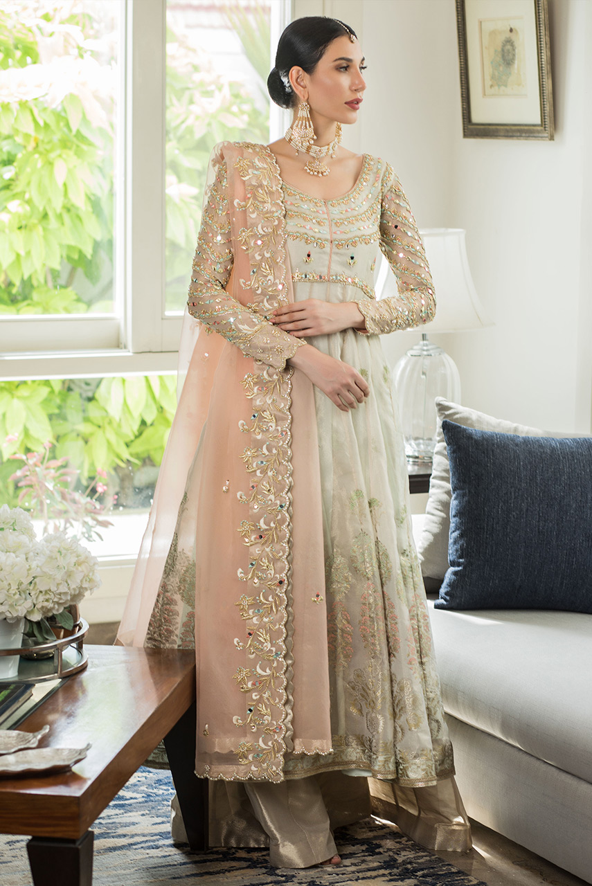 Pakistani Ivory Zardozi Mirror Work Maisori Anarkali (3-Piece) - Image 3