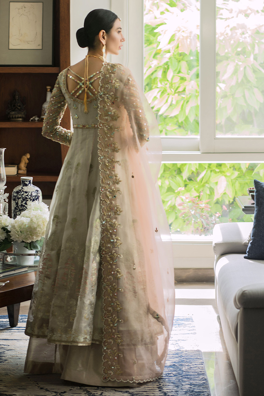 Pakistani Ivory Zardozi Mirror Work Maisori Anarkali (3-Piece) - Image 5