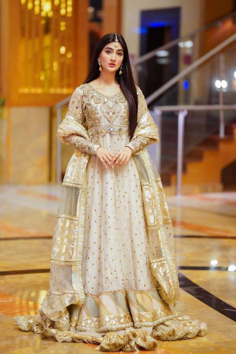 Ivory Gold Embellished Net Organza Anarkali (2-Piece) - Image 1