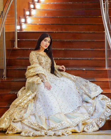 Ivory Gold Embellished Net Organza Anarkali (2-Piece) - Image 3