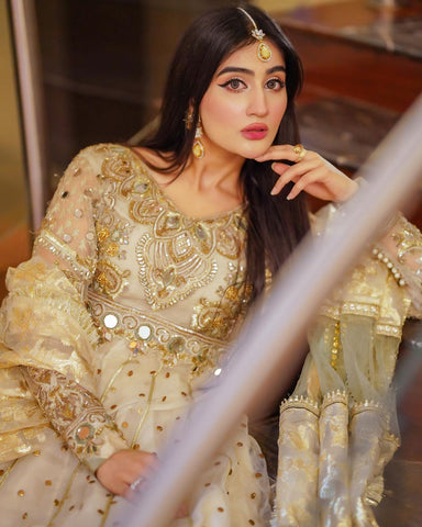 Ivory Gold Embellished Net Organza Anarkali (2-Piece) - Image 5