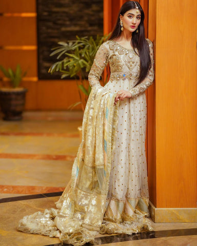 Ivory Gold Embellished Net Organza Anarkali (2-Piece) - Image 6