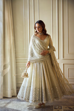 Indian Ivory Mirror Embroidered Net Anarkali Dress (2-Piece) - Image 1