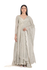 Indian Ivory Mirror Embroidered Net Anarkali Dress (2-Piece) - Image 3