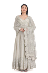 Indian Ivory Mirror Embroidered Net Anarkali Dress (2-Piece) - Image 4