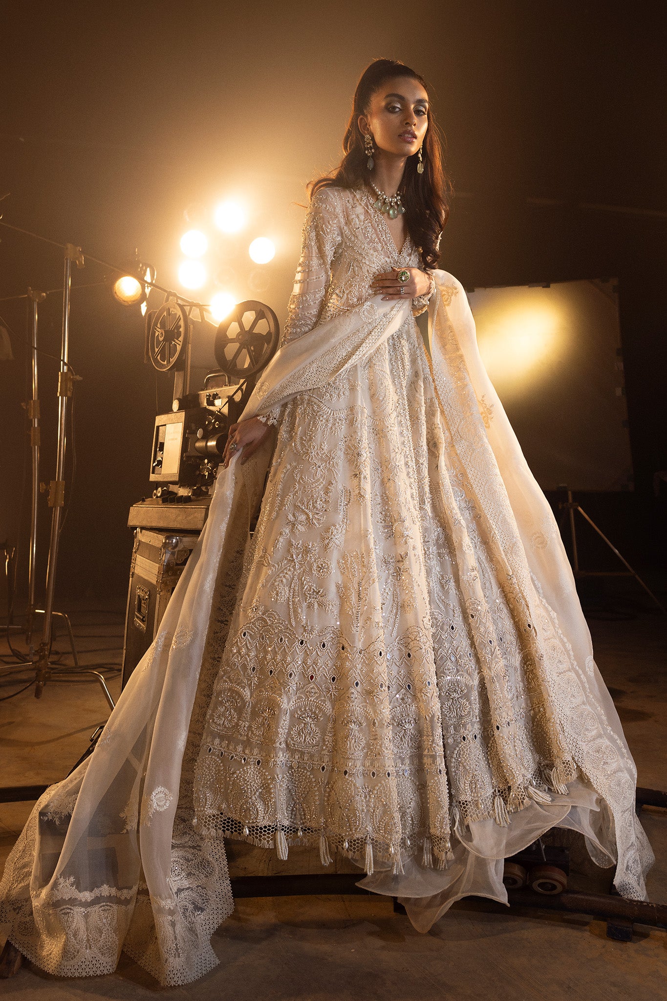 Pakistani Ivory Embellished Net Silk Anarkali Gown (2-Piece) - Image 1