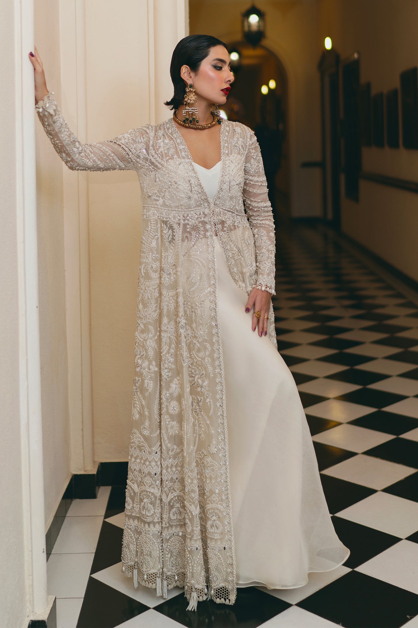 Pakistani Ivory Embellished Net Silk Anarkali Gown (2-Piece) - Image 10