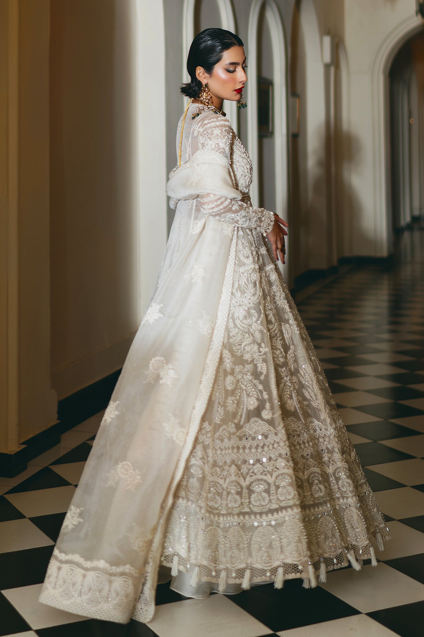 Pakistani Ivory Embellished Net Silk Anarkali Gown (2-Piece) - Image 12