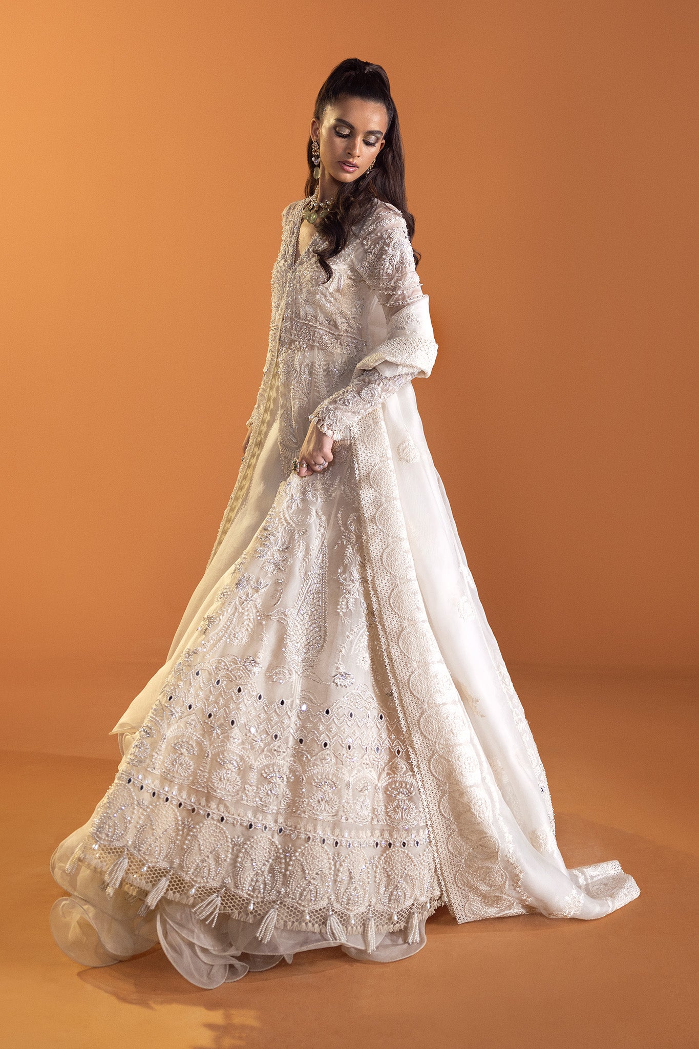 Pakistani Ivory Embellished Net Silk Anarkali Gown (2-Piece) - Image 2