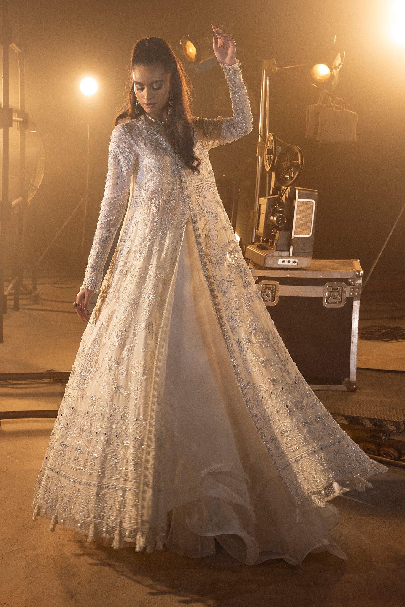 Pakistani Ivory Embellished Net Silk Anarkali Gown (2-Piece) - Image 3