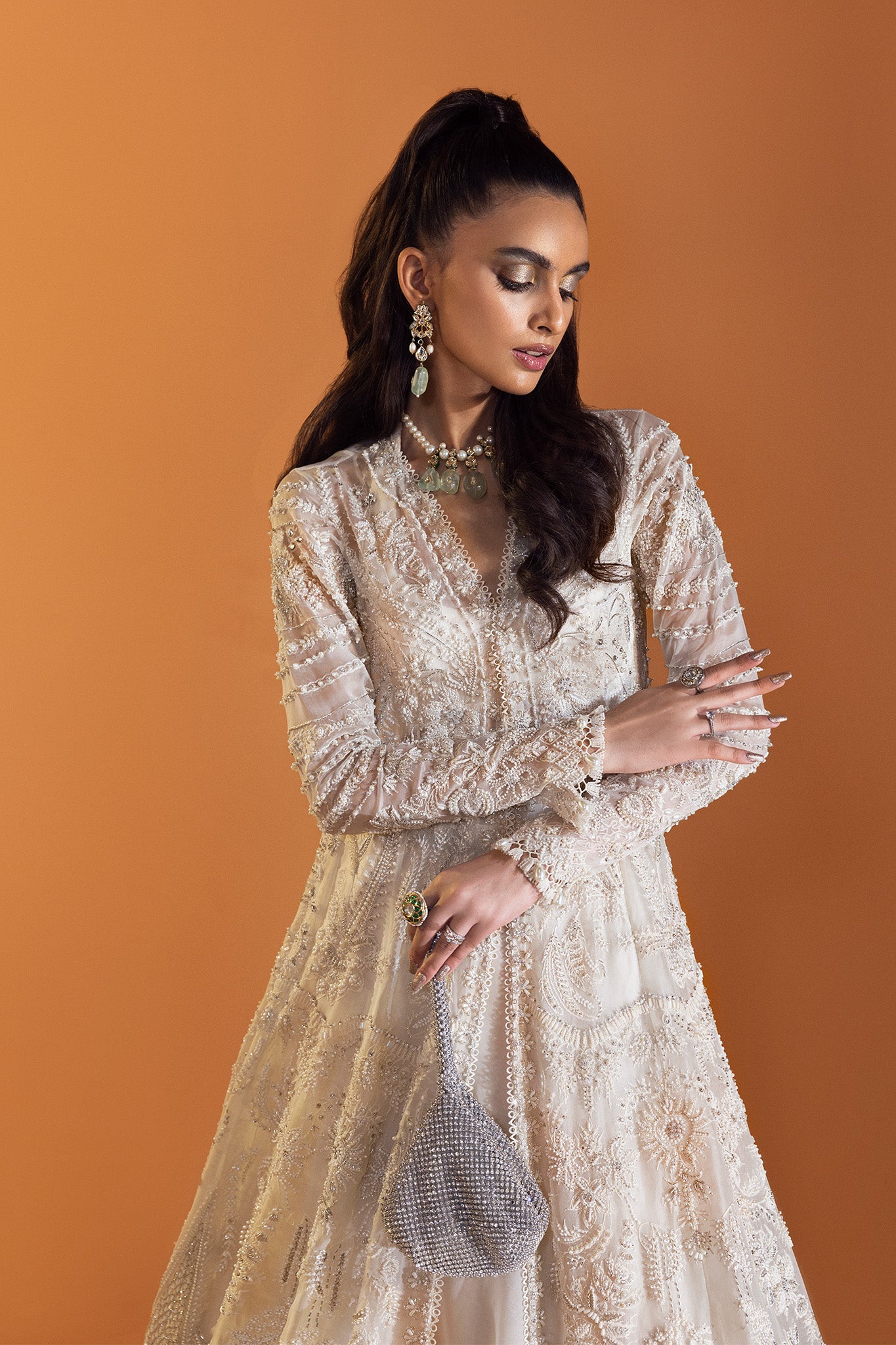 Pakistani Ivory Embellished Net Silk Anarkali Gown (2-Piece) - Image 4