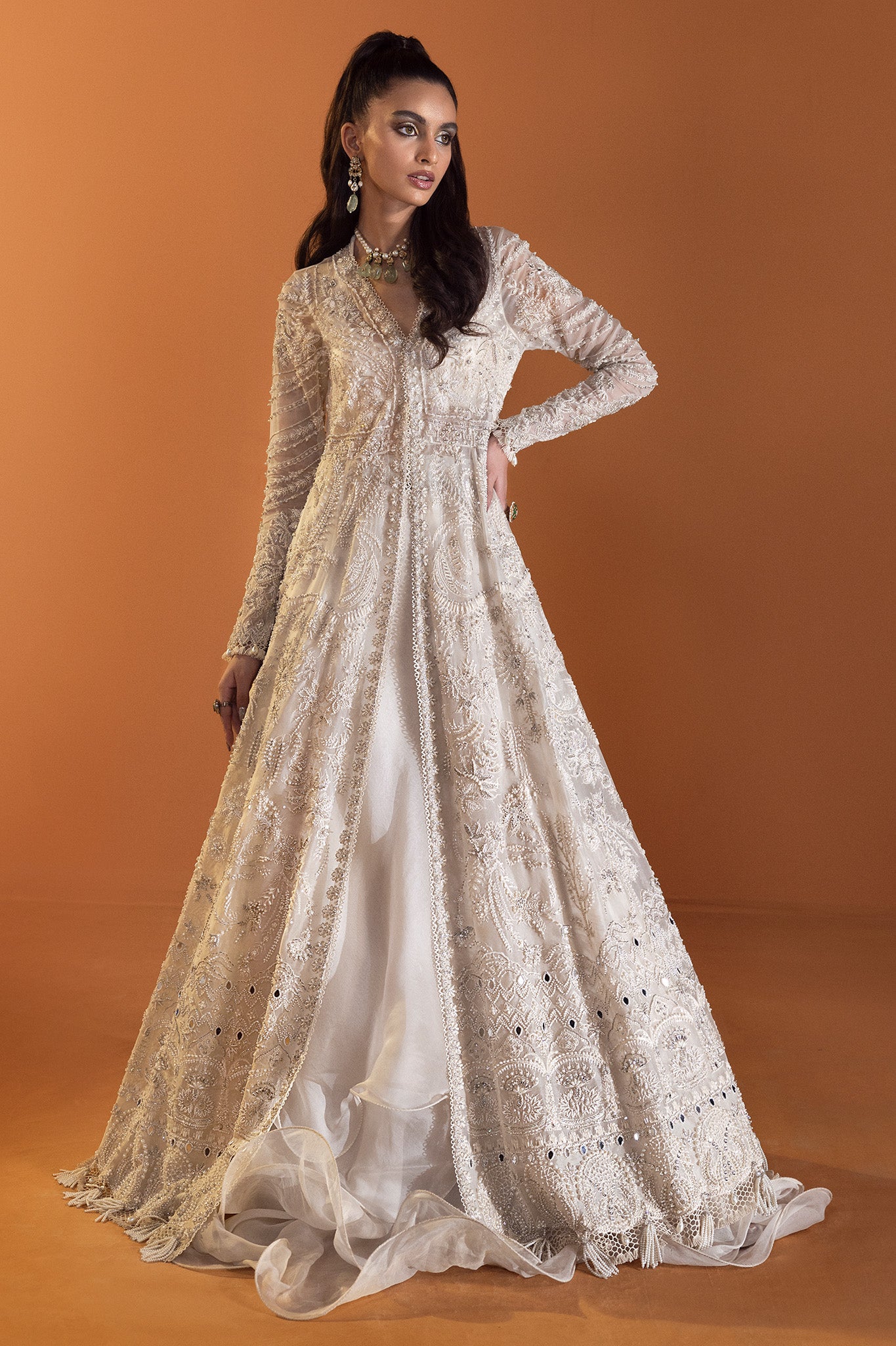 Pakistani Ivory Embellished Net Silk Anarkali Gown (2-Piece) - Image 5