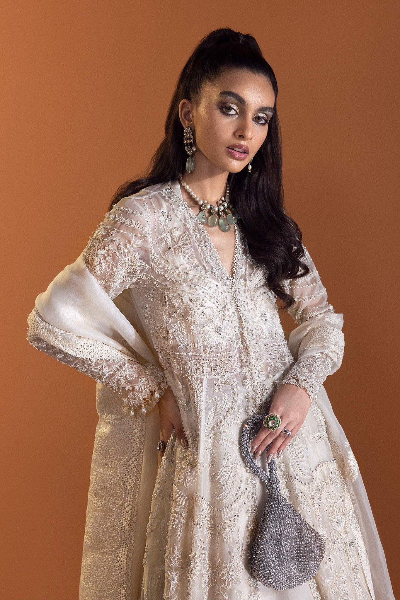 Pakistani Ivory Embellished Net Silk Anarkali Gown (2-Piece) - Image 6