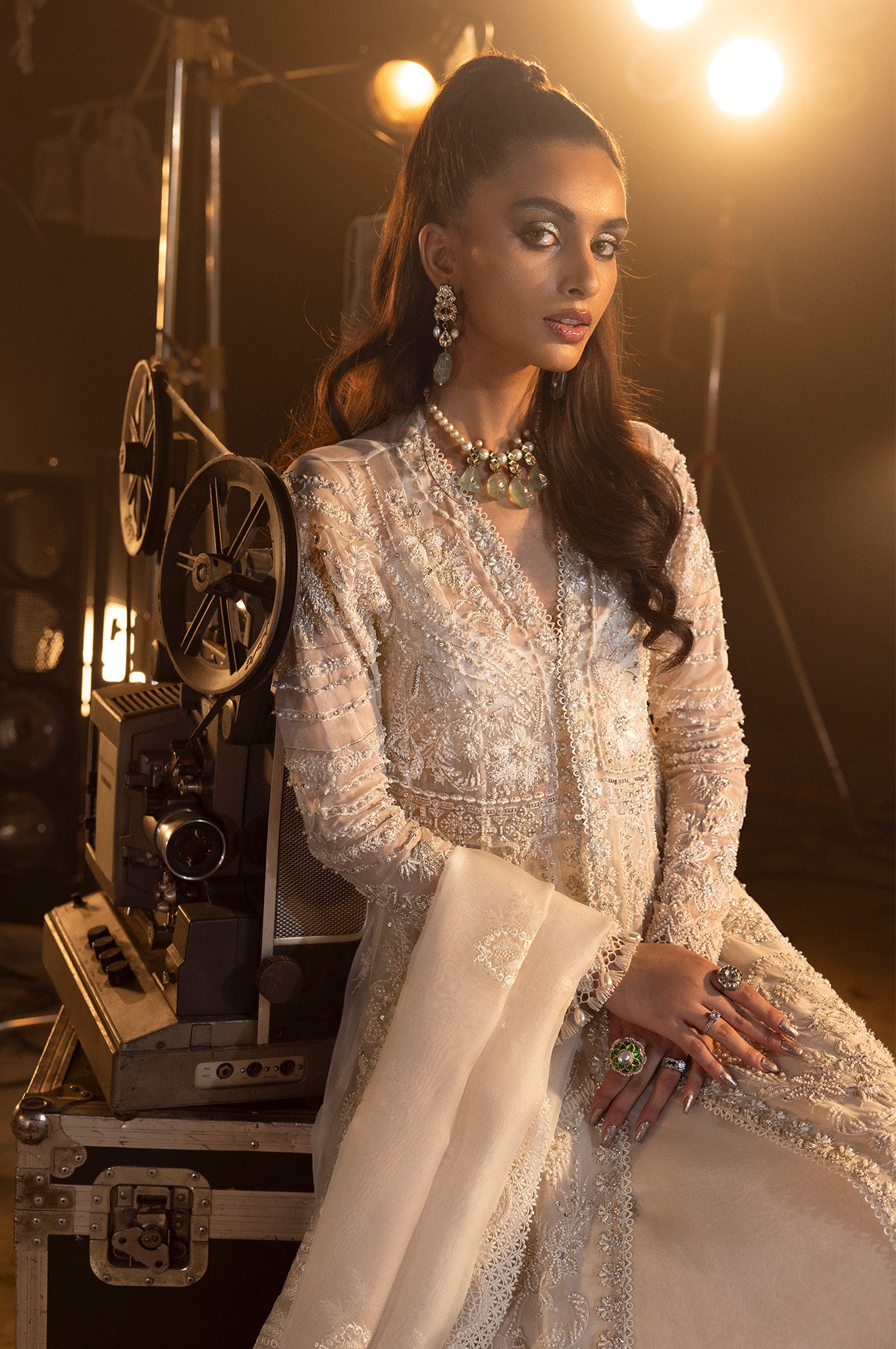 Pakistani Ivory Embellished Net Silk Anarkali Gown (2-Piece) - Image 7