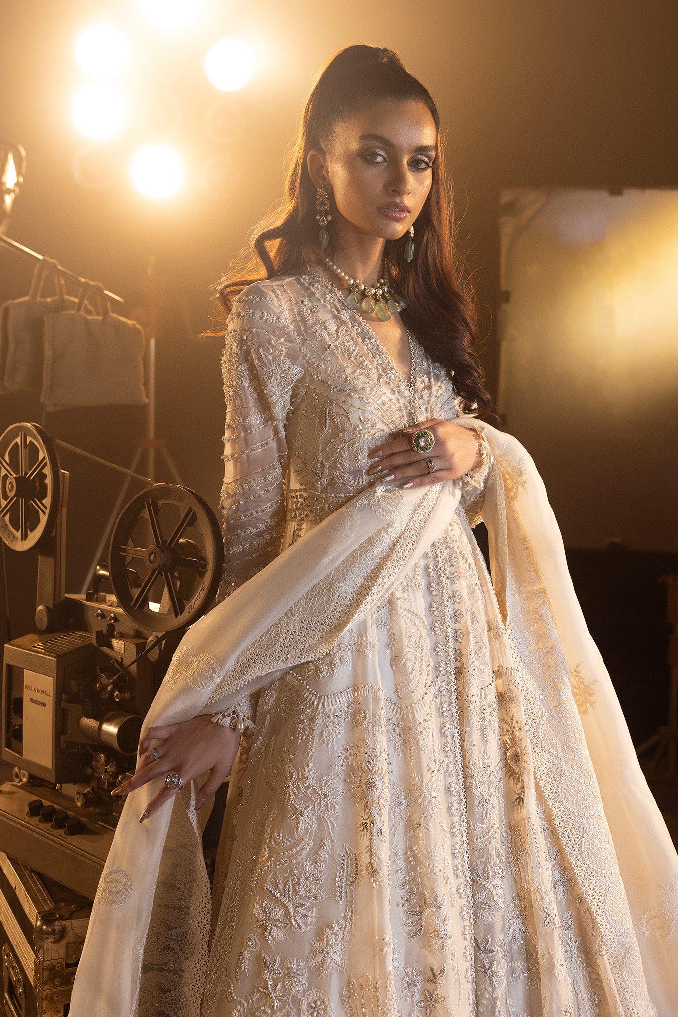 Pakistani Ivory Embellished Net Silk Anarkali Gown (2-Piece) - Image 8