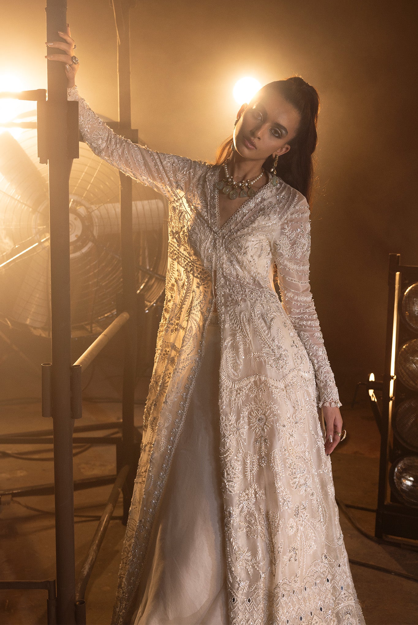 Pakistani Ivory Embellished Net Silk Anarkali Gown (2-Piece) - Image 9