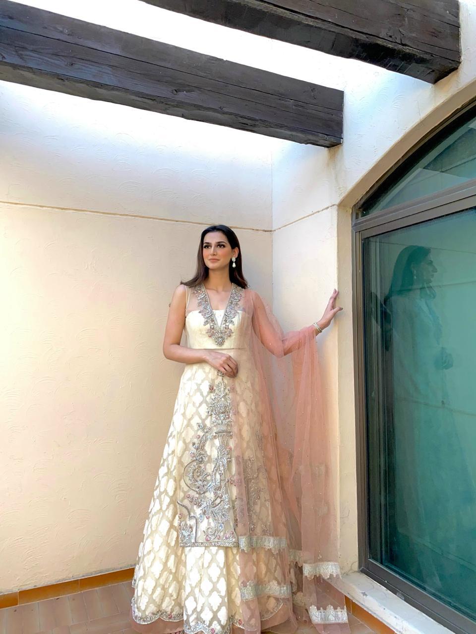 Pakistani Ivory Silver Embroidered Net Anarkali Dress (2-Piece) - Image 1