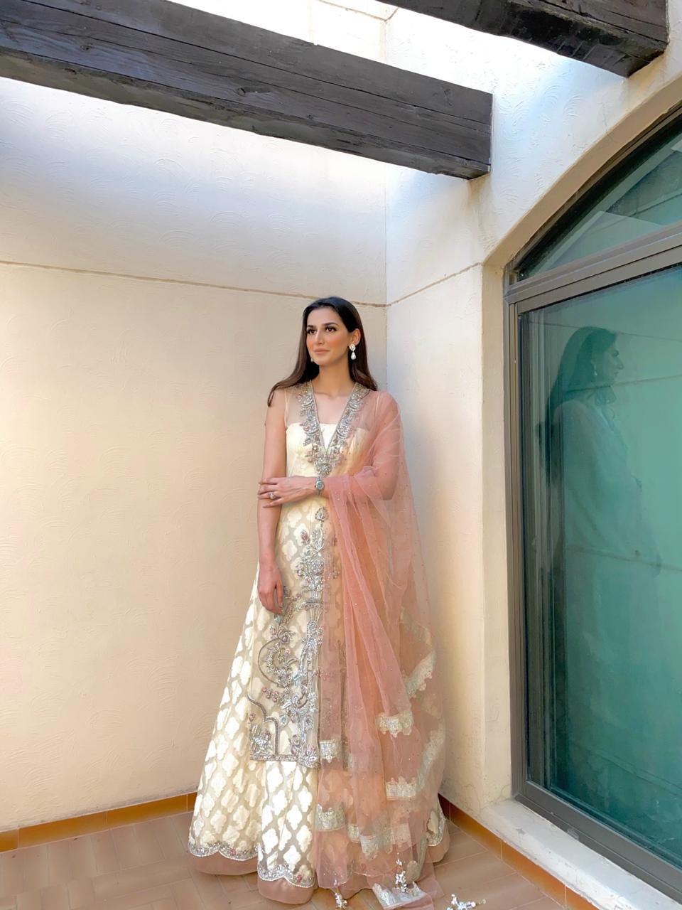 Pakistani Ivory Silver Embroidered Net Anarkali Dress (2-Piece) - Image 2