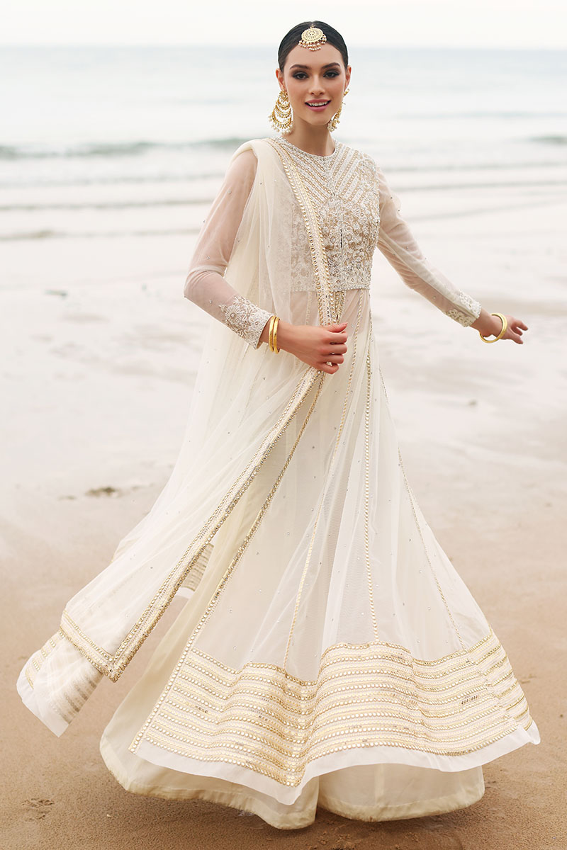 Ivory Gold Embroidered Net Anarkali Dress (2-Piece) - Image 1