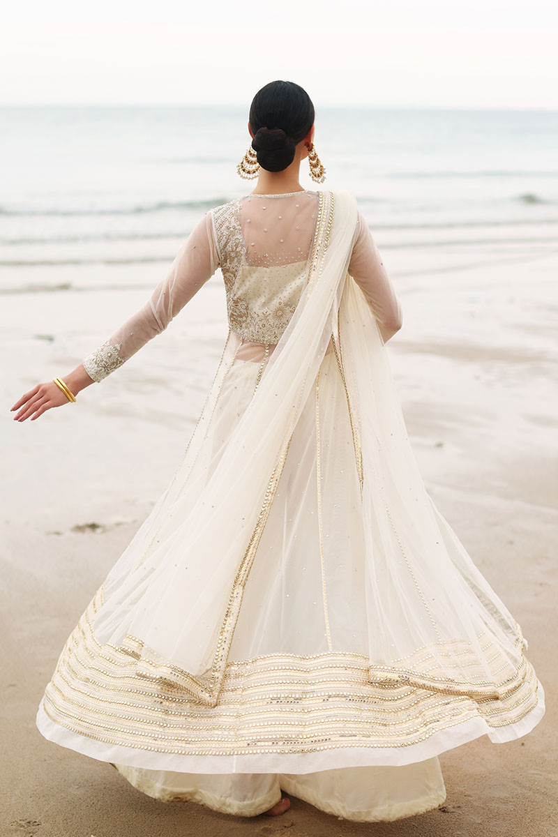Ivory Gold Embroidered Net Anarkali Dress (2-Piece) - Image 2