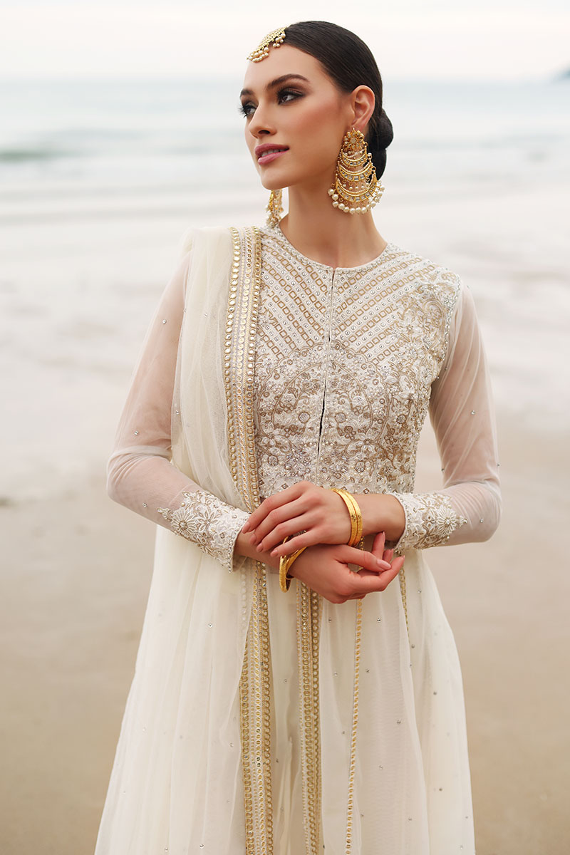 Ivory Gold Embroidered Net Anarkali Dress (2-Piece) - Image 3