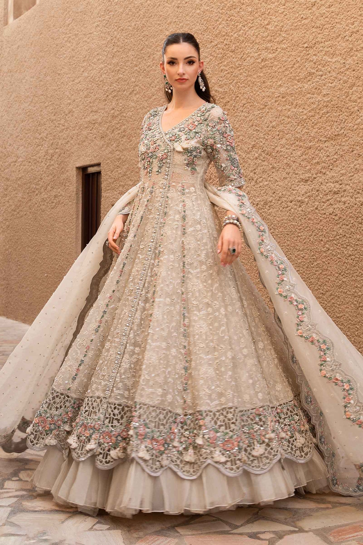 Off-White 3D Floral Organza Anarkali Dress (3-Piece) - Image 3