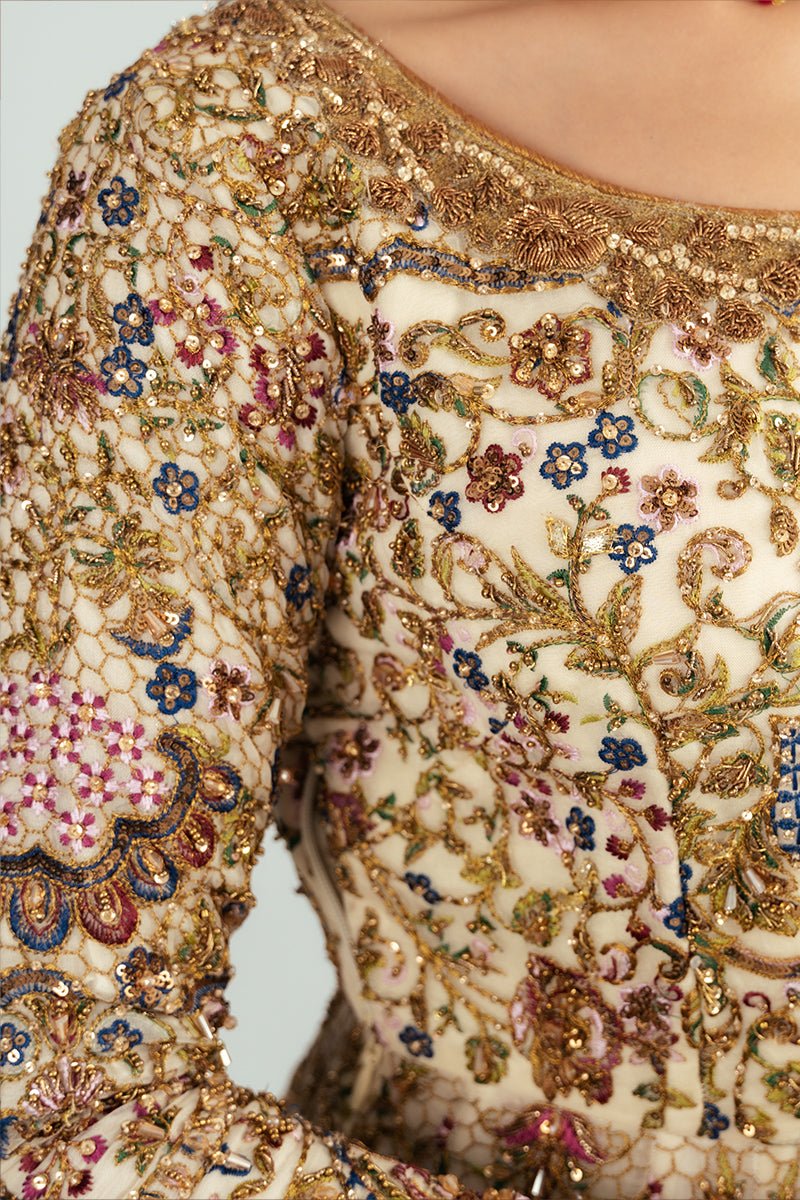 Ivory Antique Floral Embroidered Organza Anarkali (2-Piece) - Image 10