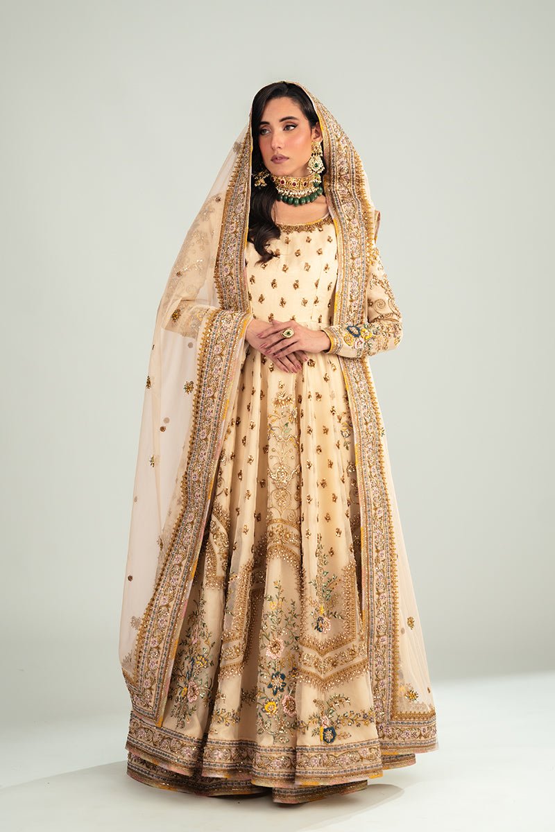 Ivory Antique Floral Embroidered Organza Anarkali (3-Piece) - Image 2