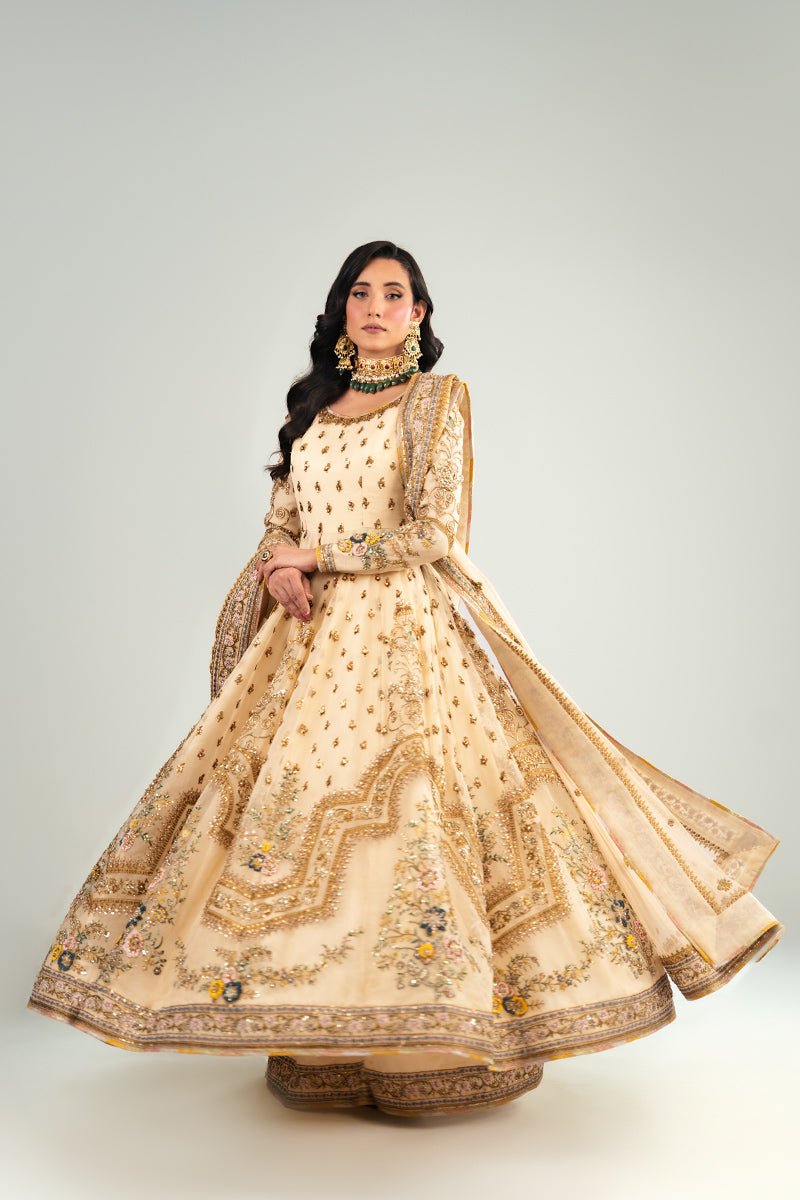 Ivory Antique Floral Embroidered Organza Anarkali (3-Piece) - Image 4
