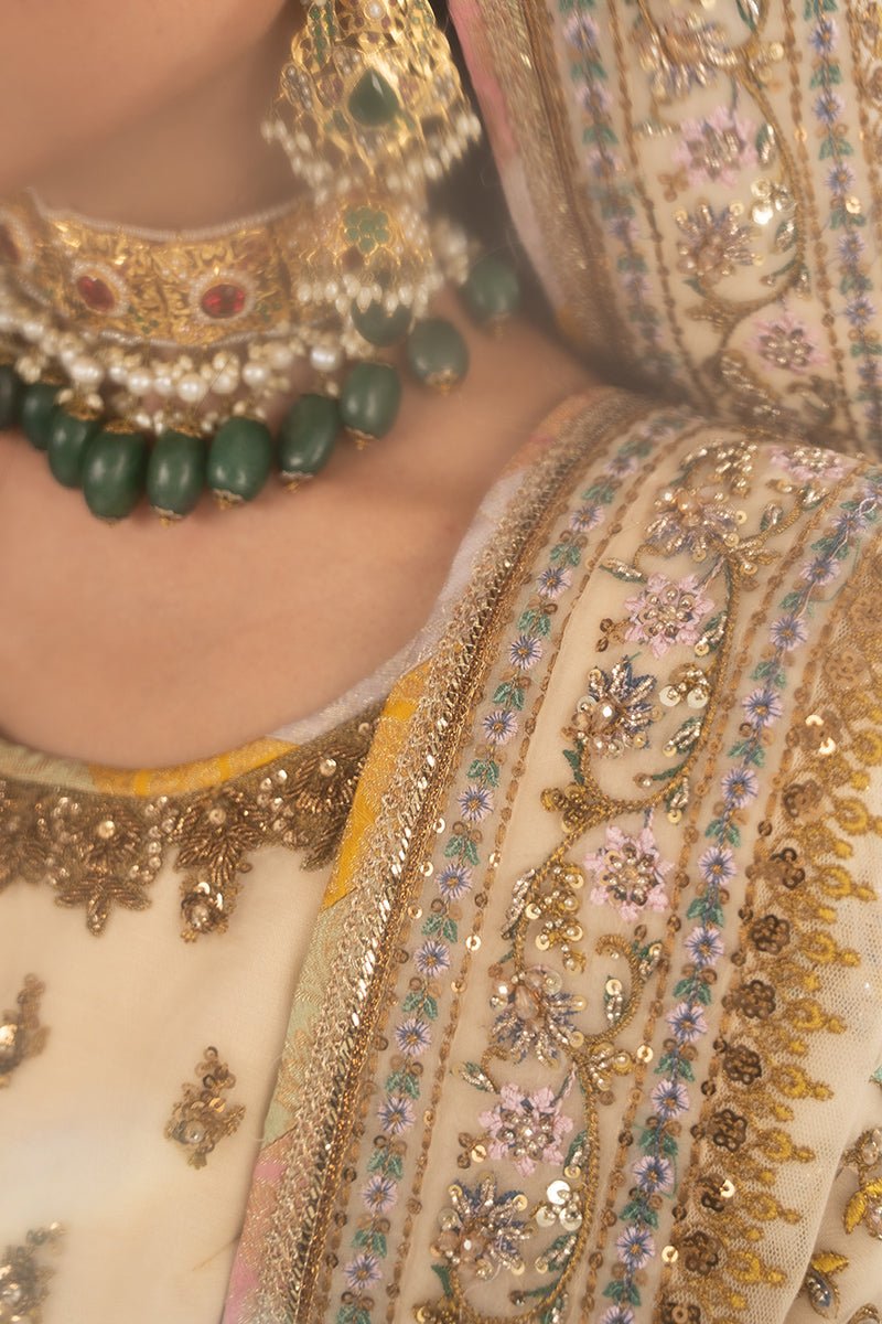 Ivory Antique Floral Embroidered Organza Anarkali (3-Piece) - Image 7