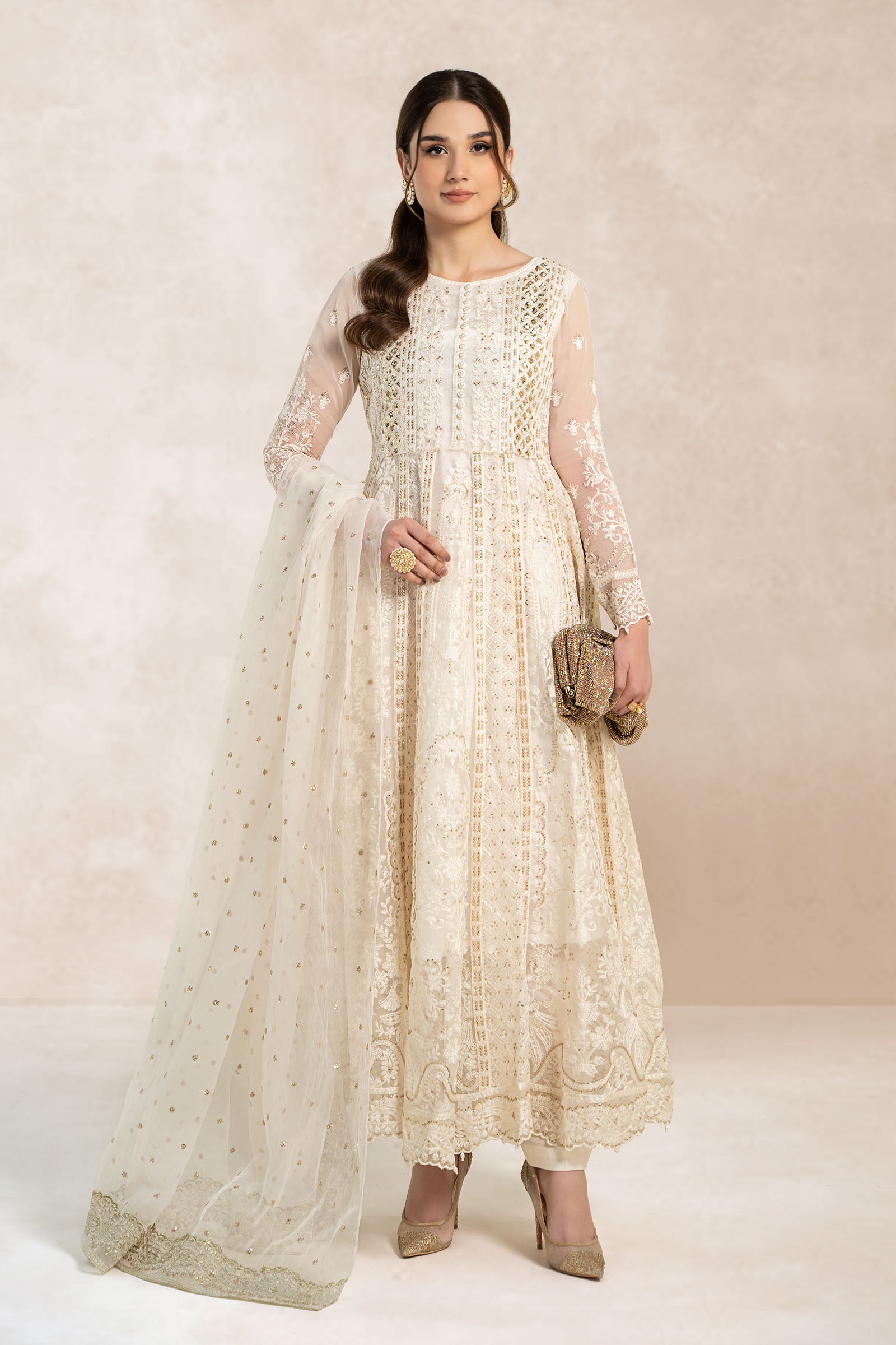 Ivory Chikankari Sequin Organza Anarkali Dress (3-Piece) - Image 1
