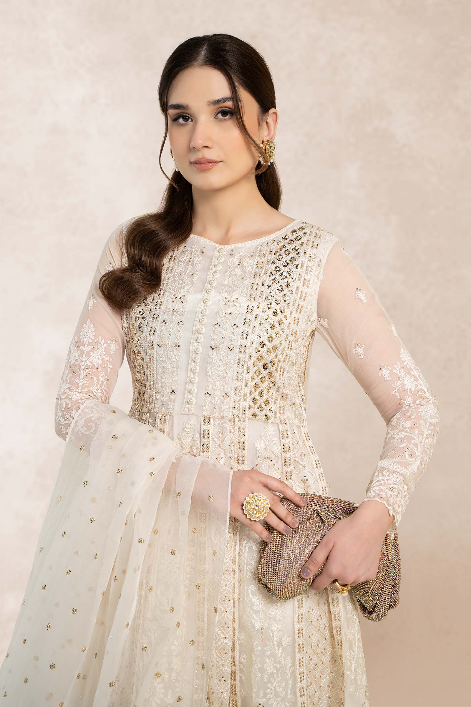 Ivory Chikankari Sequin Organza Anarkali Dress (3-Piece) - Image 2