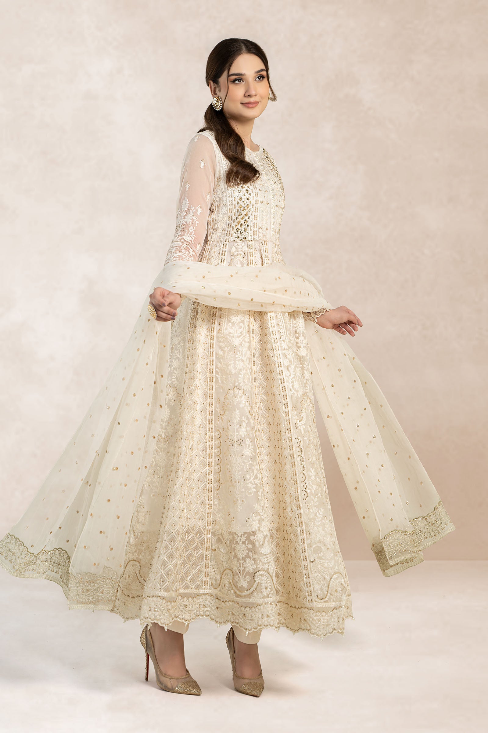 Ivory Chikankari Sequin Organza Anarkali Dress (3-Piece) - Image 4