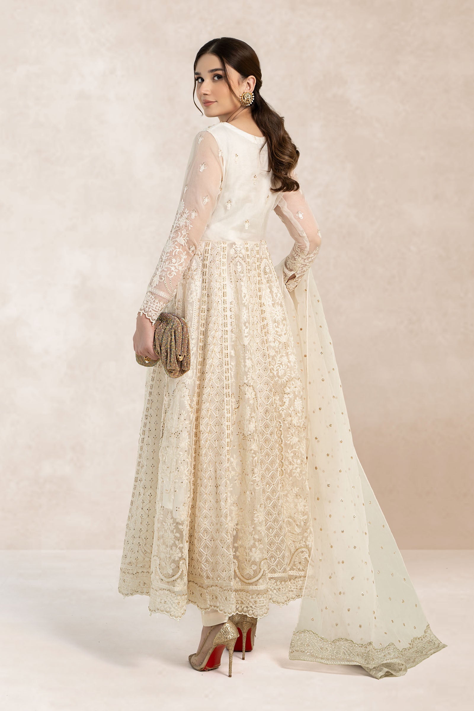 Ivory Chikankari Sequin Organza Anarkali Dress (3-Piece) - Image 5