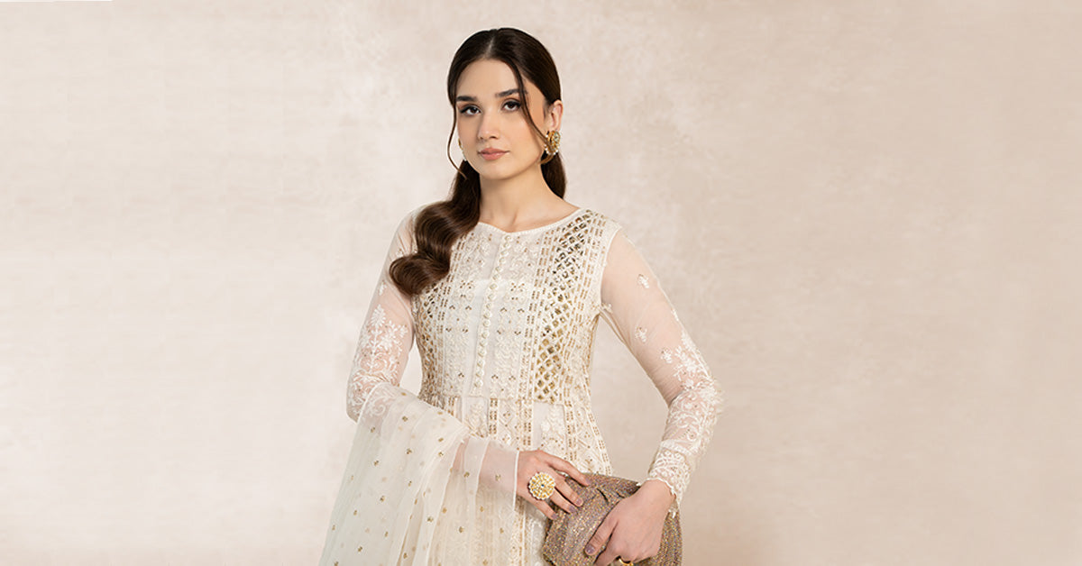 Ivory Chikankari Sequin Organza Anarkali Dress (3-Piece) - Image 6