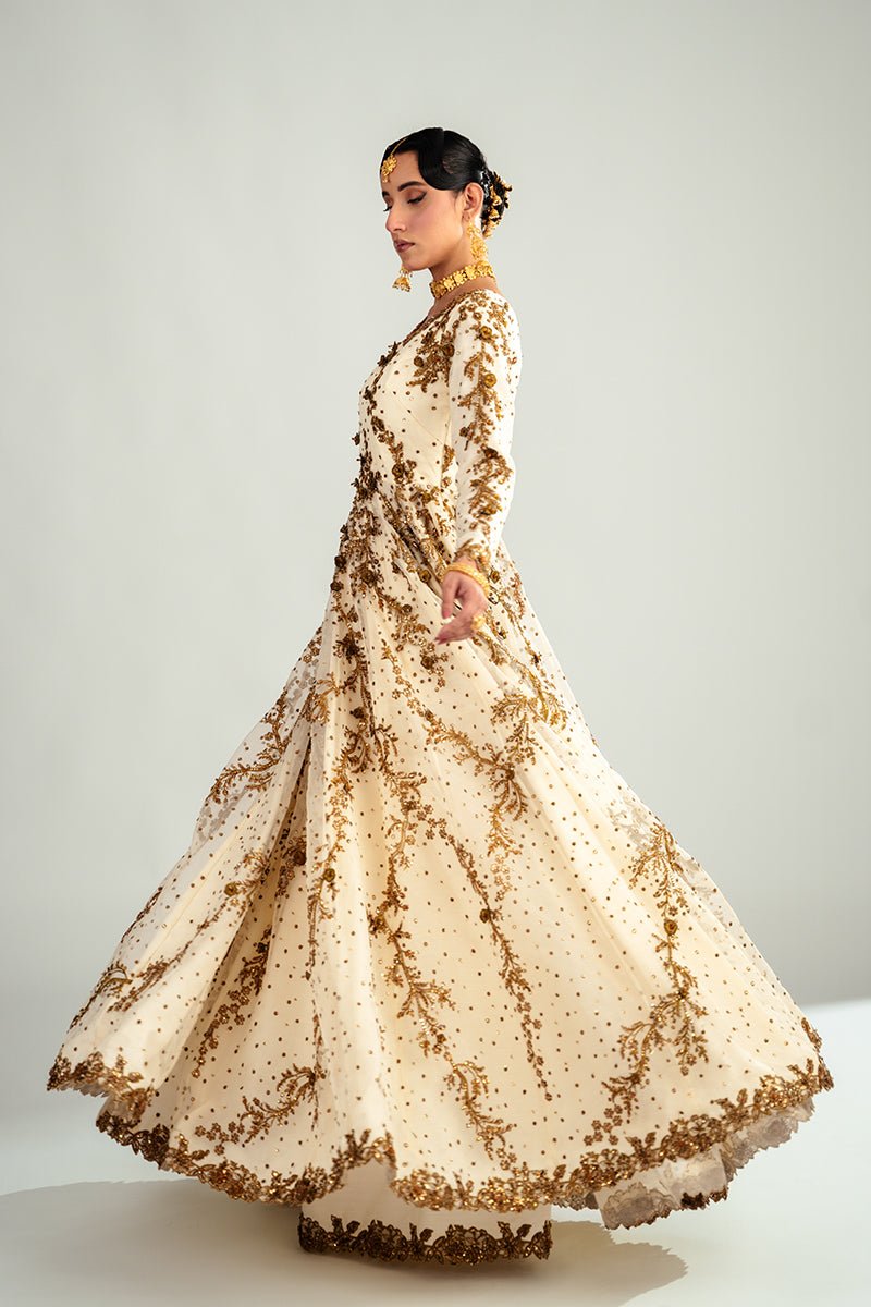 Off-White Embroidered Organza Anarkali Dress (3-Piece) - Image 3