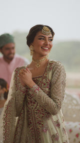 Pakistani Ivory & Deep Rose Embroidered Net Organza Anarkali (2-Piece) - Image 8