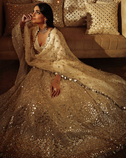 Ivory Mirror-Embellished Organza Anarkali (2-Piece) - Image 1