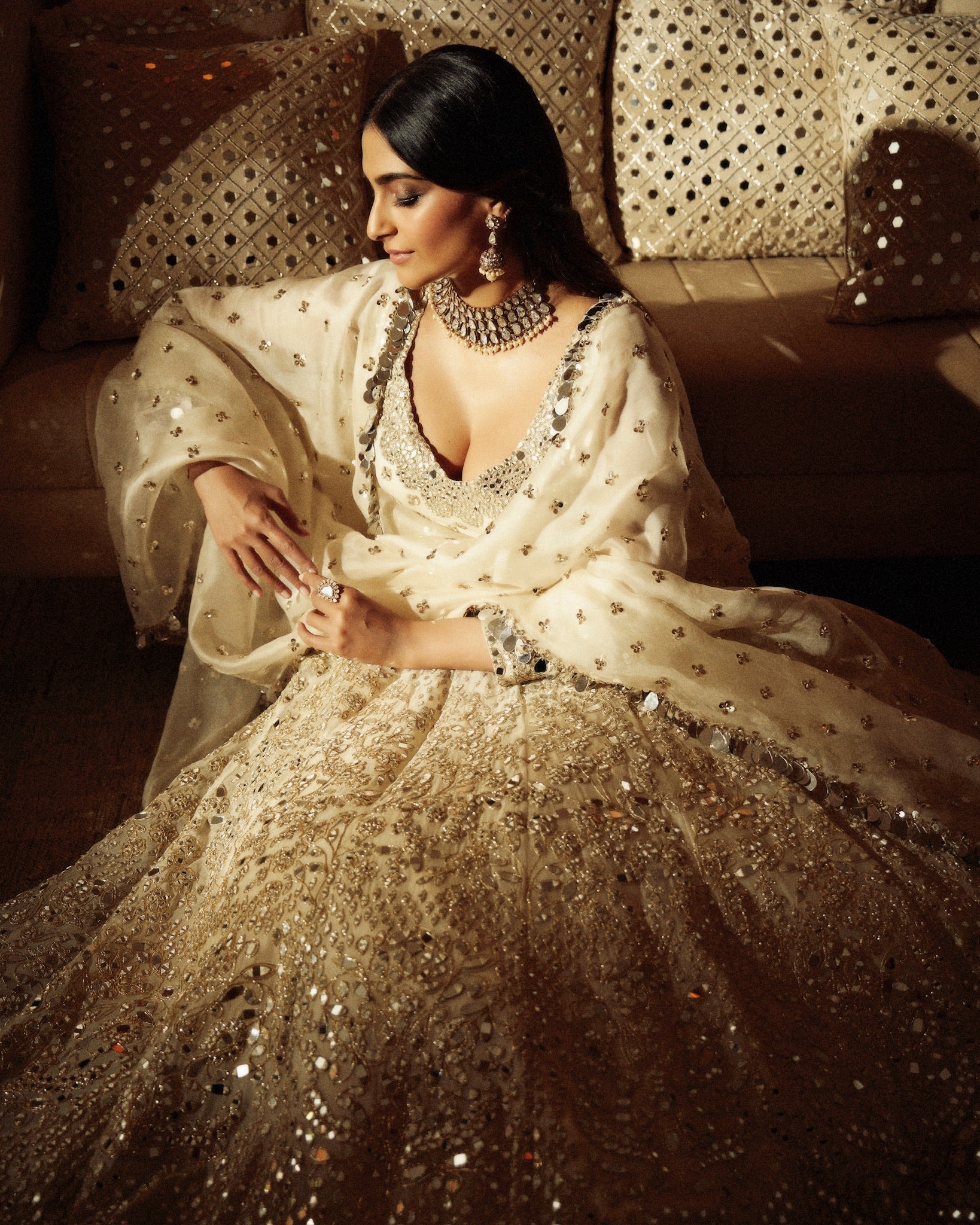 Ivory Mirror-Embellished Organza Anarkali (2-Piece) - Image 3