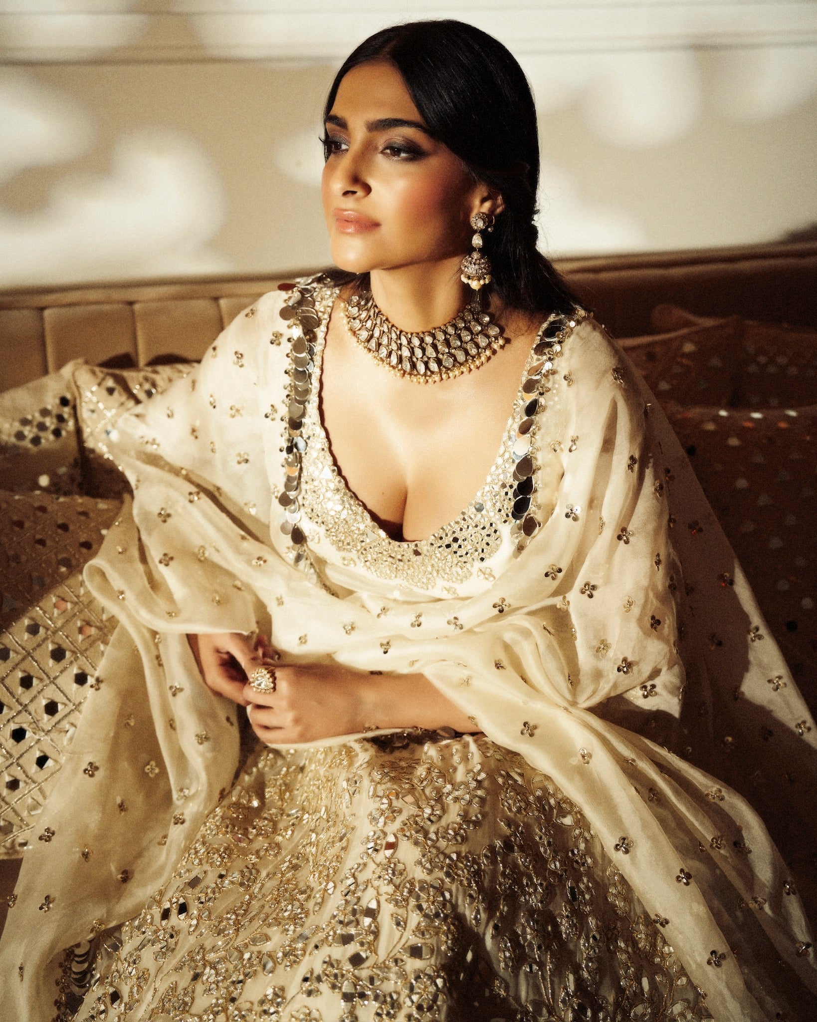 Ivory Mirror-Embellished Organza Anarkali (2-Piece) - Image 4