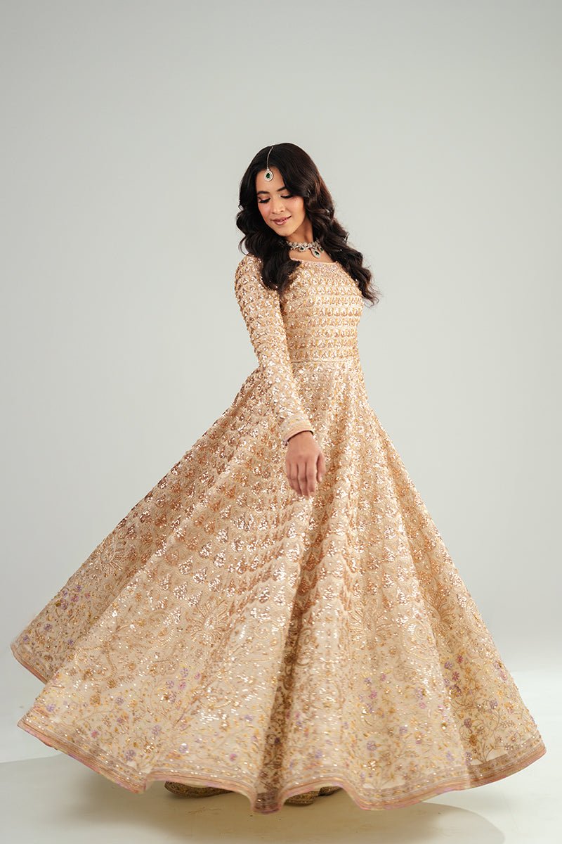 Ivory Sequined Floral Organza Anarkali Dress (3-Piece) - Image 1