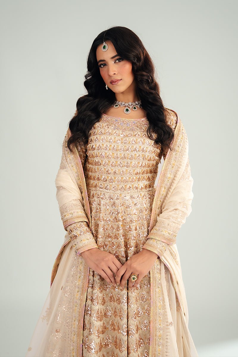 Ivory Sequined Floral Organza Anarkali Dress (3-Piece) - Image 6