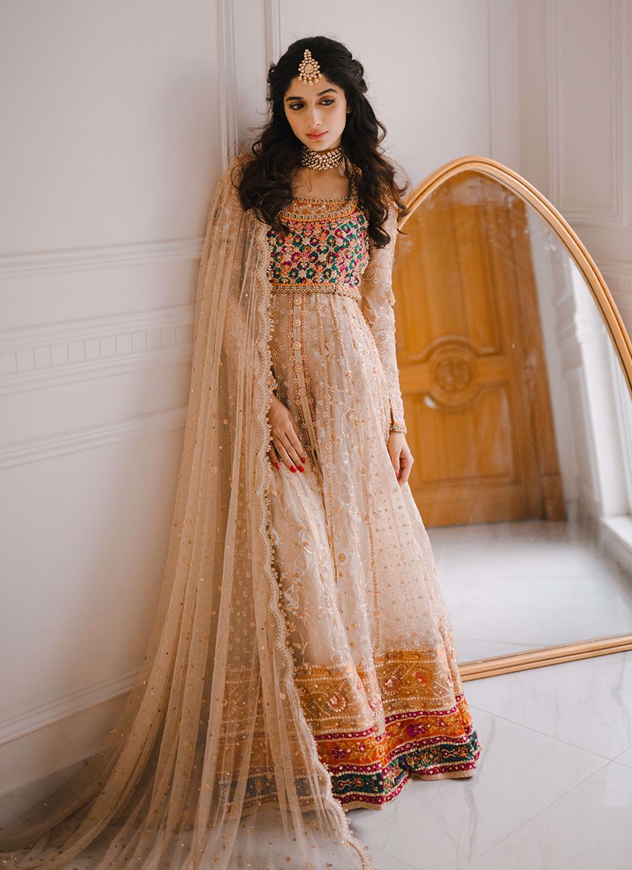 Pakistani Ivory Gold Embroidered Organza Anarkali Dress (2-Piece) - Image 1