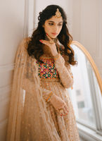 Pakistani Ivory Gold Embroidered Organza Anarkali Dress (2-Piece) - Image 3