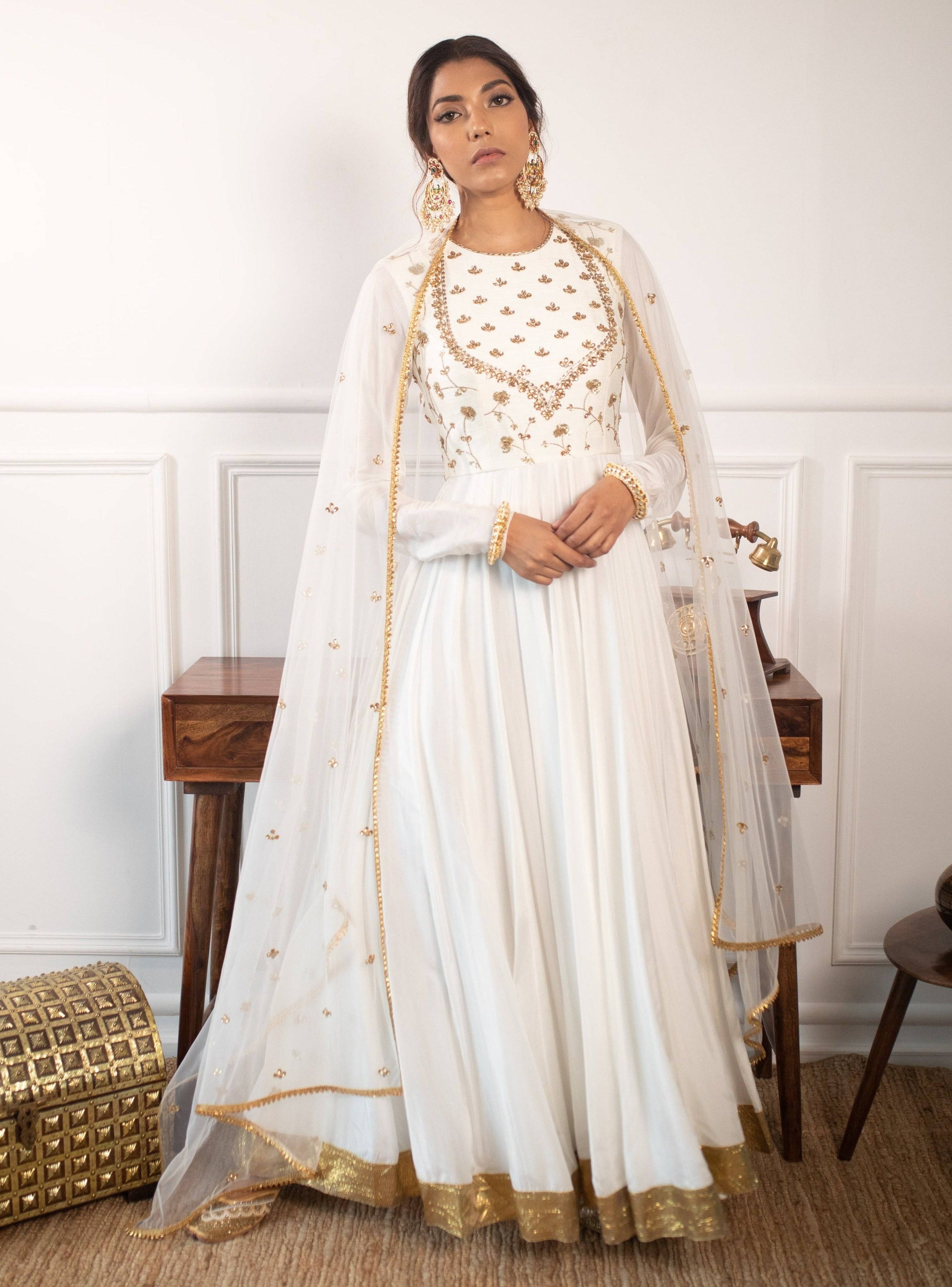 Off-White Dabka Kundan Raw Silk Anarkali (2-Piece) - Image 1