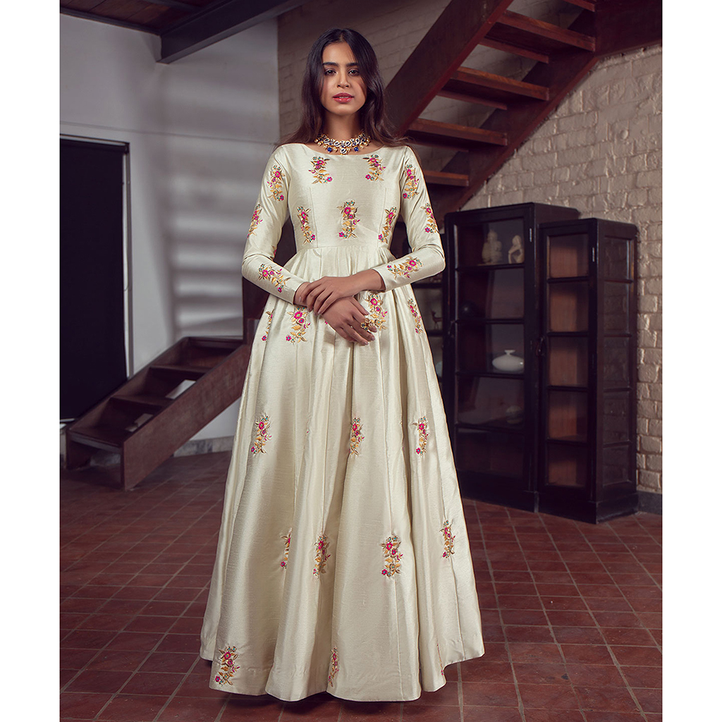 Ivory Resham Embroidered Raw Silk Anarkali (3-Piece) - Image 1