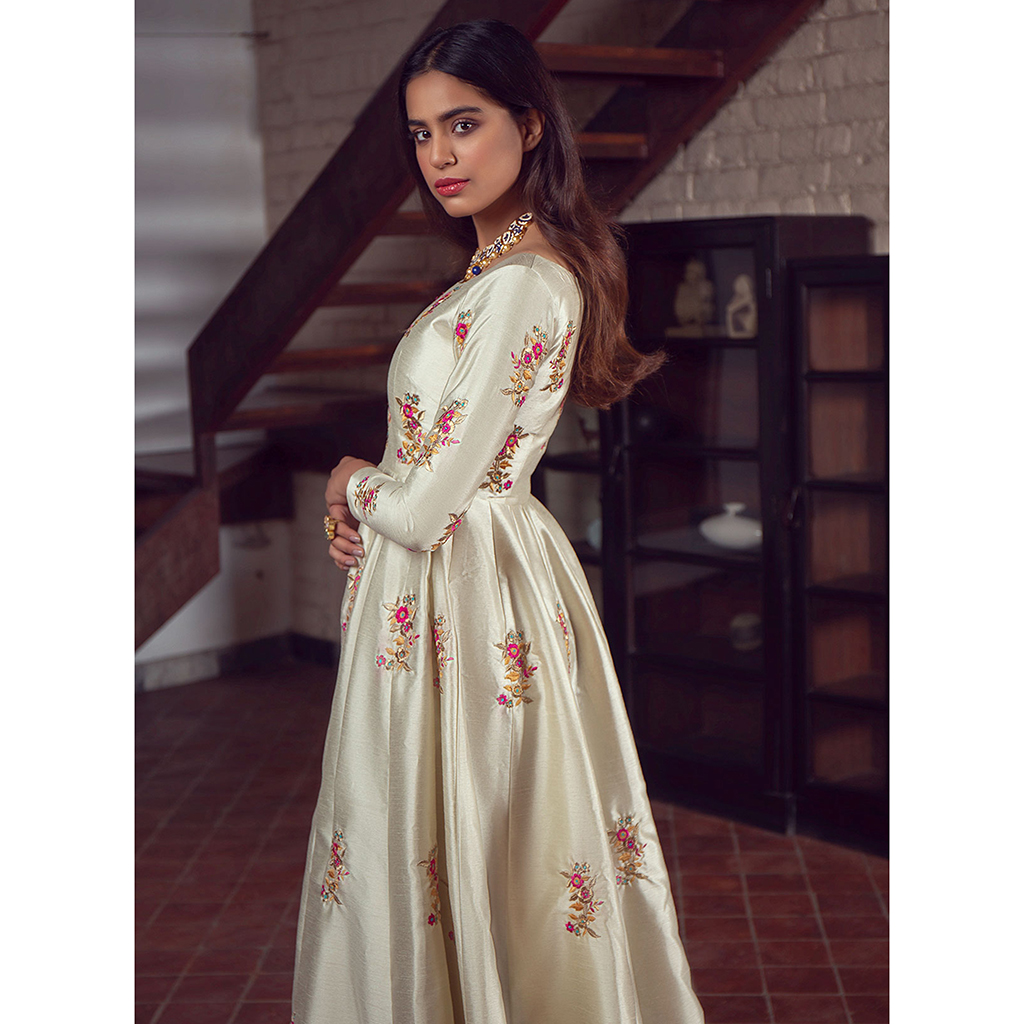 Ivory Resham Embroidered Raw Silk Anarkali (3-Piece) - Image 2