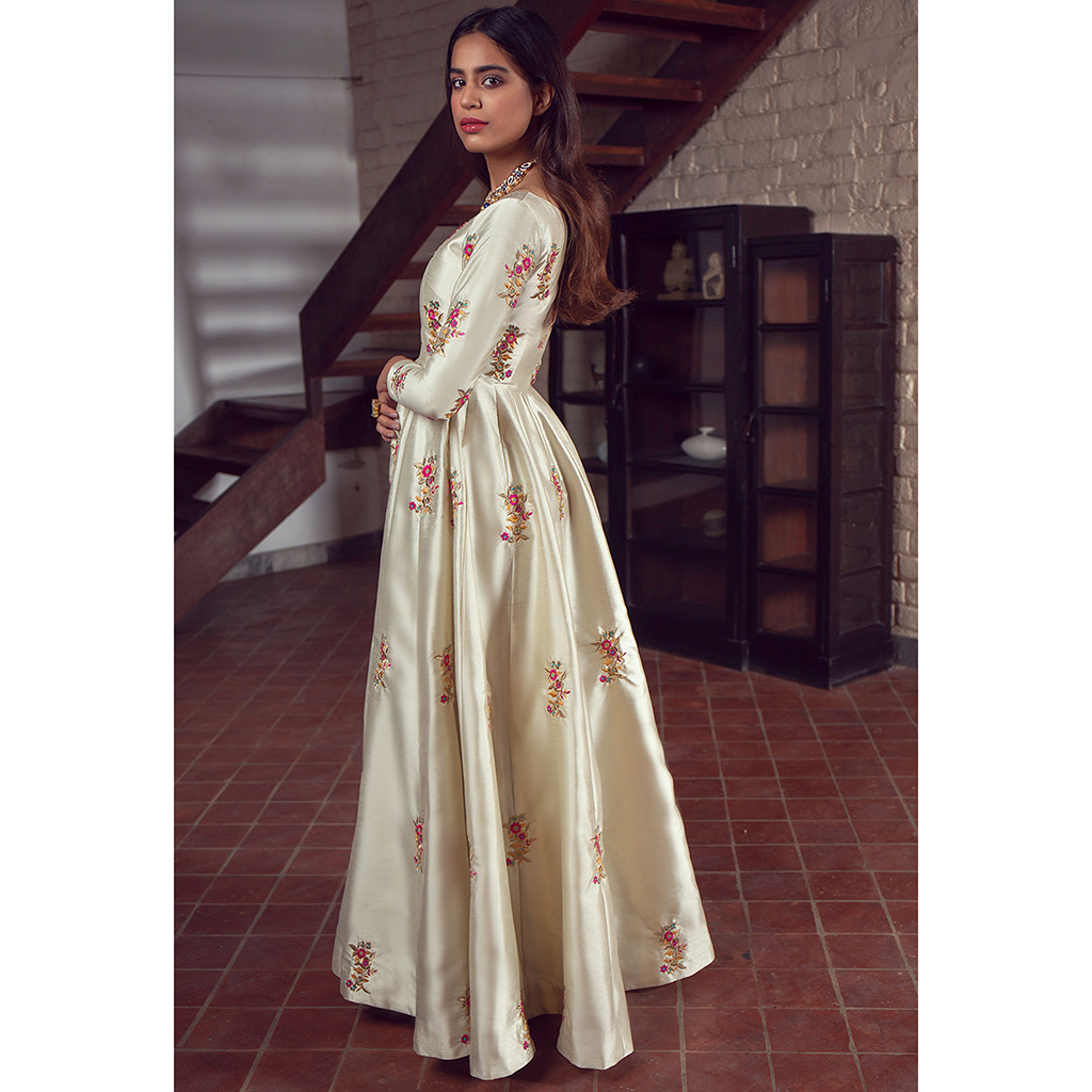 Ivory Resham Embroidered Raw Silk Anarkali (3-Piece) - Image 3