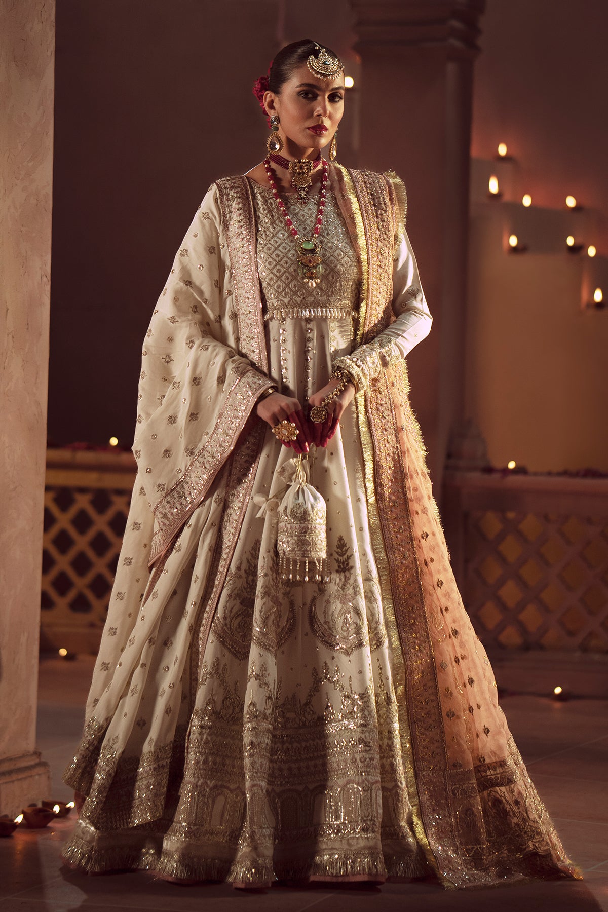 Pakistani Ivory Resham & Sequin Raw Silk Anarkali (2-Piece) - Image 1